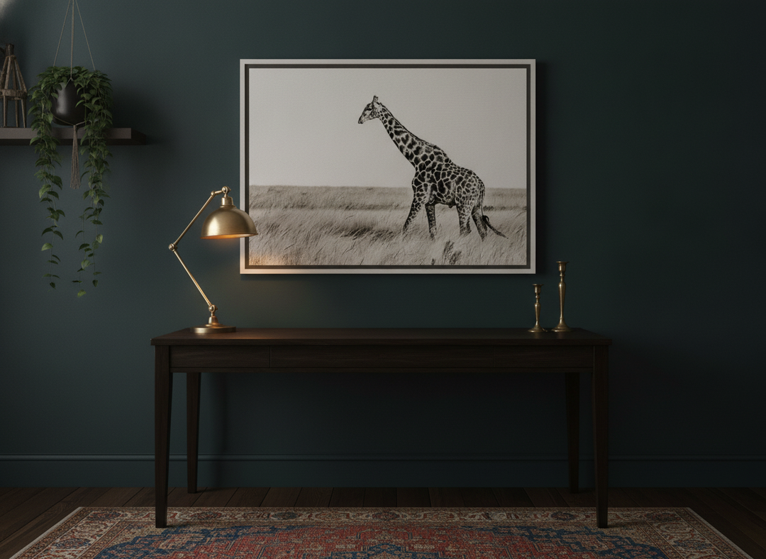 Canvas wall art with a white surround styled on the wall in a moody home office