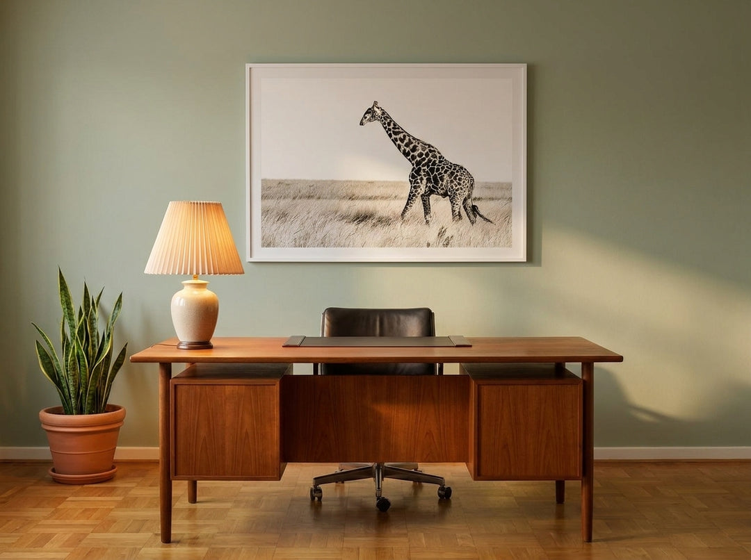 Modern wall art print styled on the wall in a mid-century home office