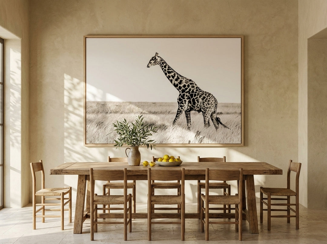 Oversized statement modern wall art print styled on the wall in a Mediterranean dining room