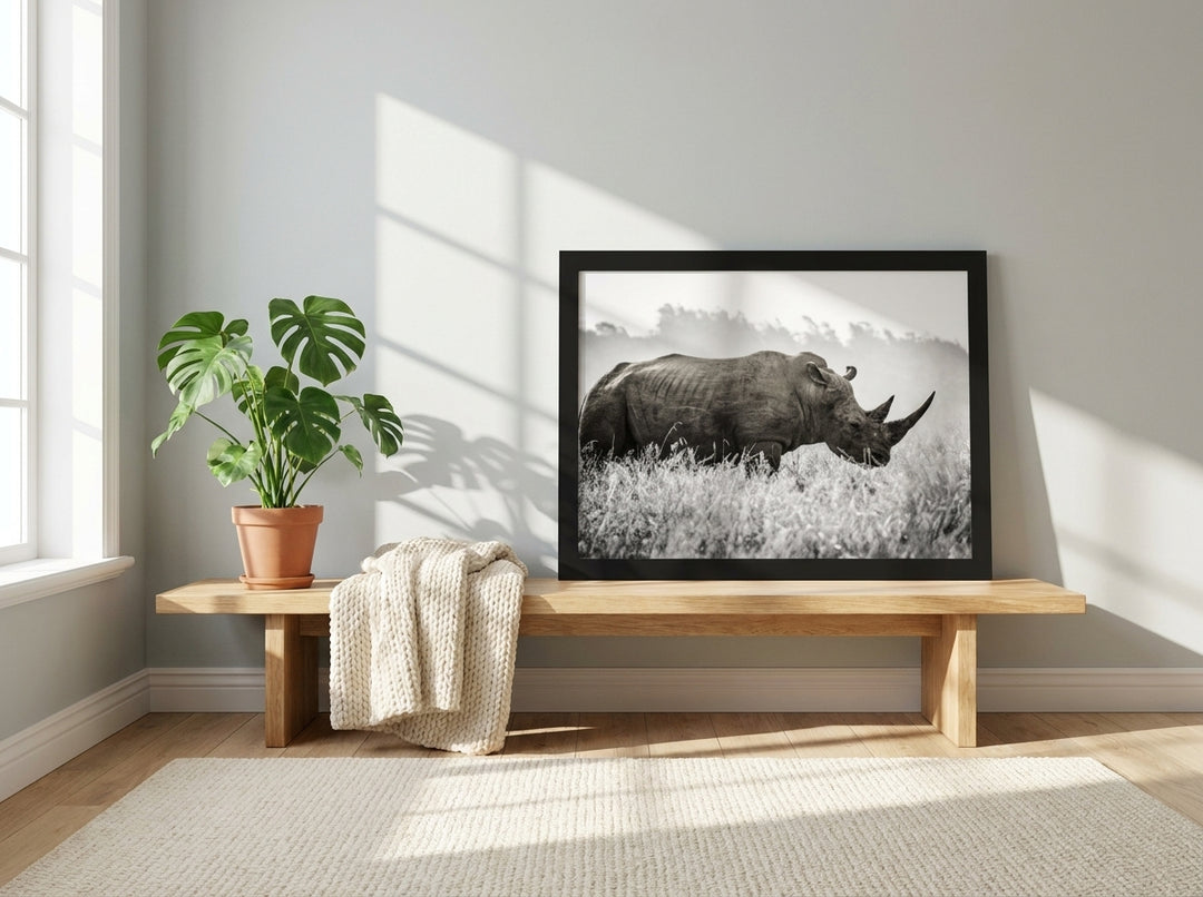 Modern wall art print standing on a bench in a bright Scandinavian home office