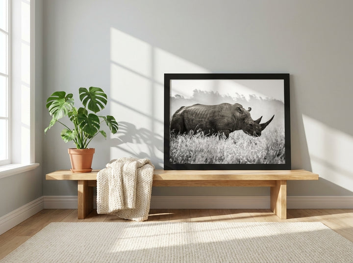 Modern wall art print standing on a bench in a bright Scandinavian home office