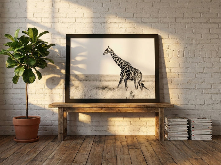 Modern wall art print standing on a bench in an industrial loft living room