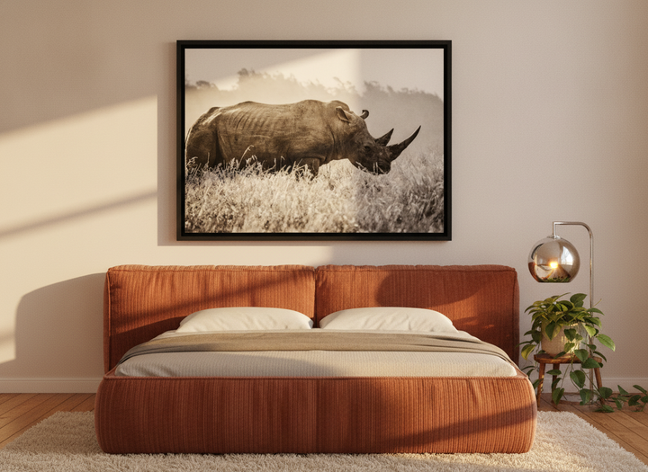Canvas wall art with a black surround styled on the wall in a retro 70s bedroom