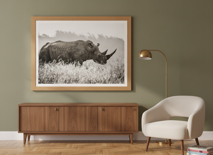 Modern wall art print styled on the wall in a mid-century living room