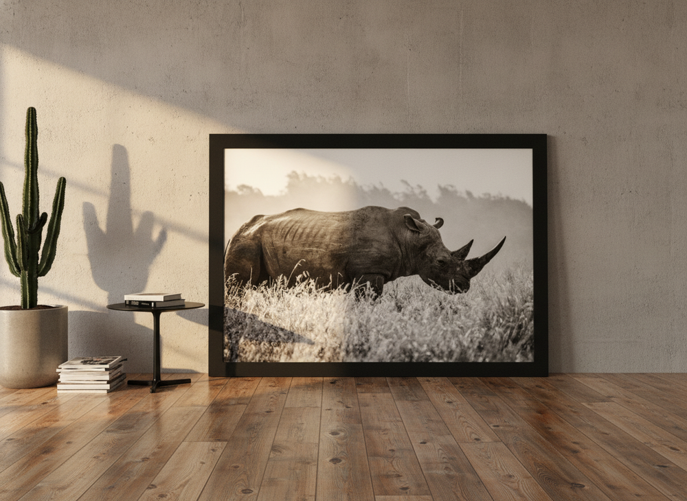 Oversized statement modern wall art print leaning against the wall in an industrial loft home office