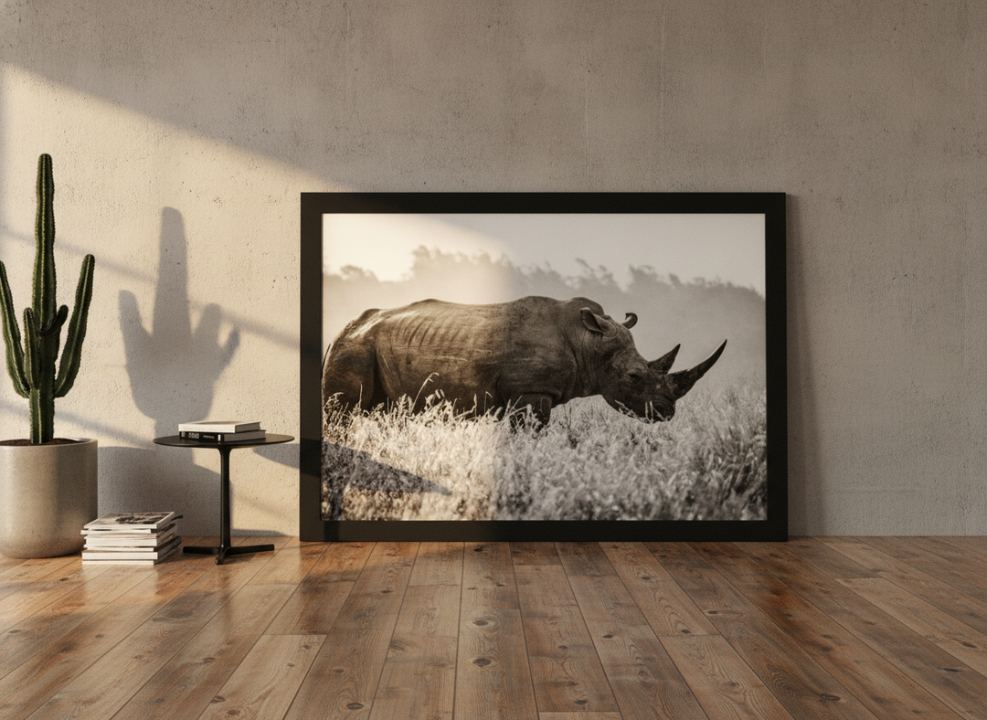 Oversized statement modern wall art print leaning against the wall in an industrial loft home office