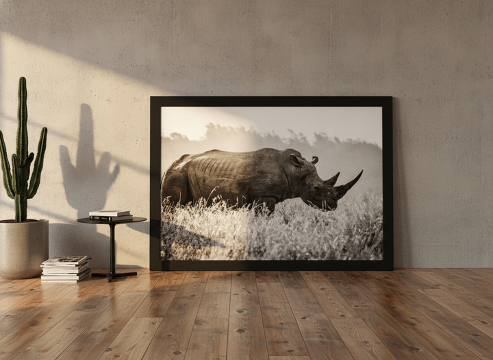 Oversized statement modern wall art print leaning against the wall in an industrial loft home office