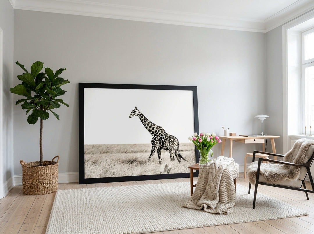 Oversized statement modern wall art print leaning against the wall in a bright Scandinavian home office