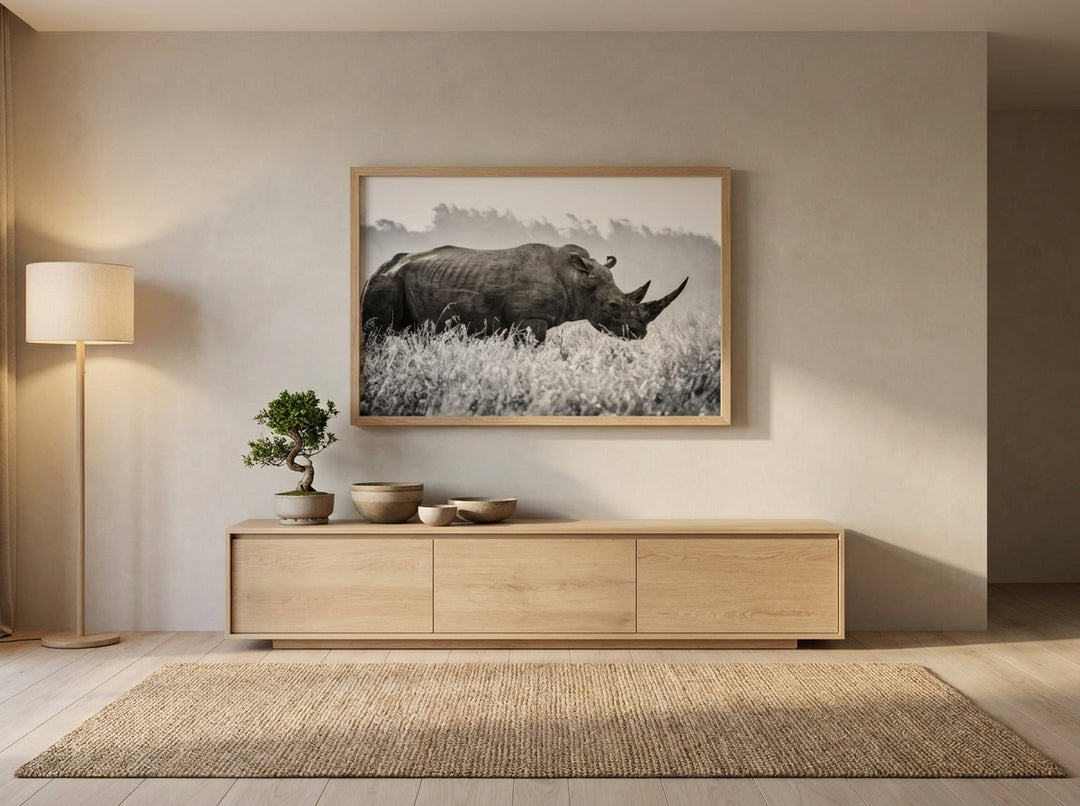 Oversized statement modern wall art print styled on the wall in a warm Japandi living room