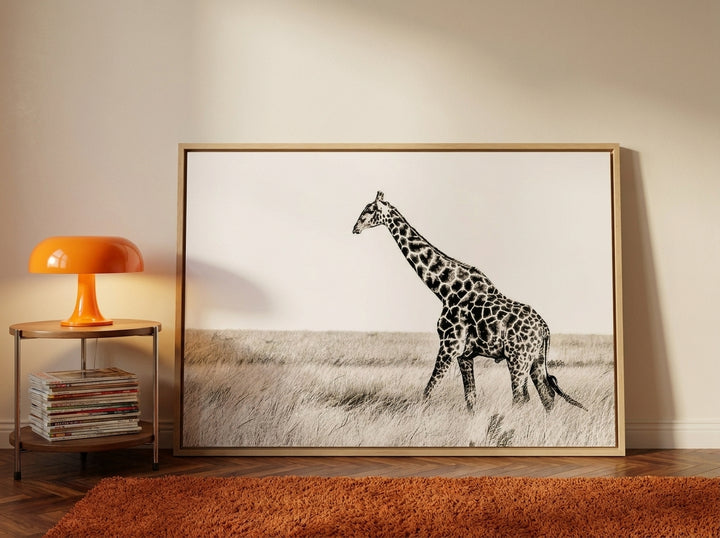 Oversized statement canvas wall art with a natural timber surround leaning against the wall in a retro 70s dining room