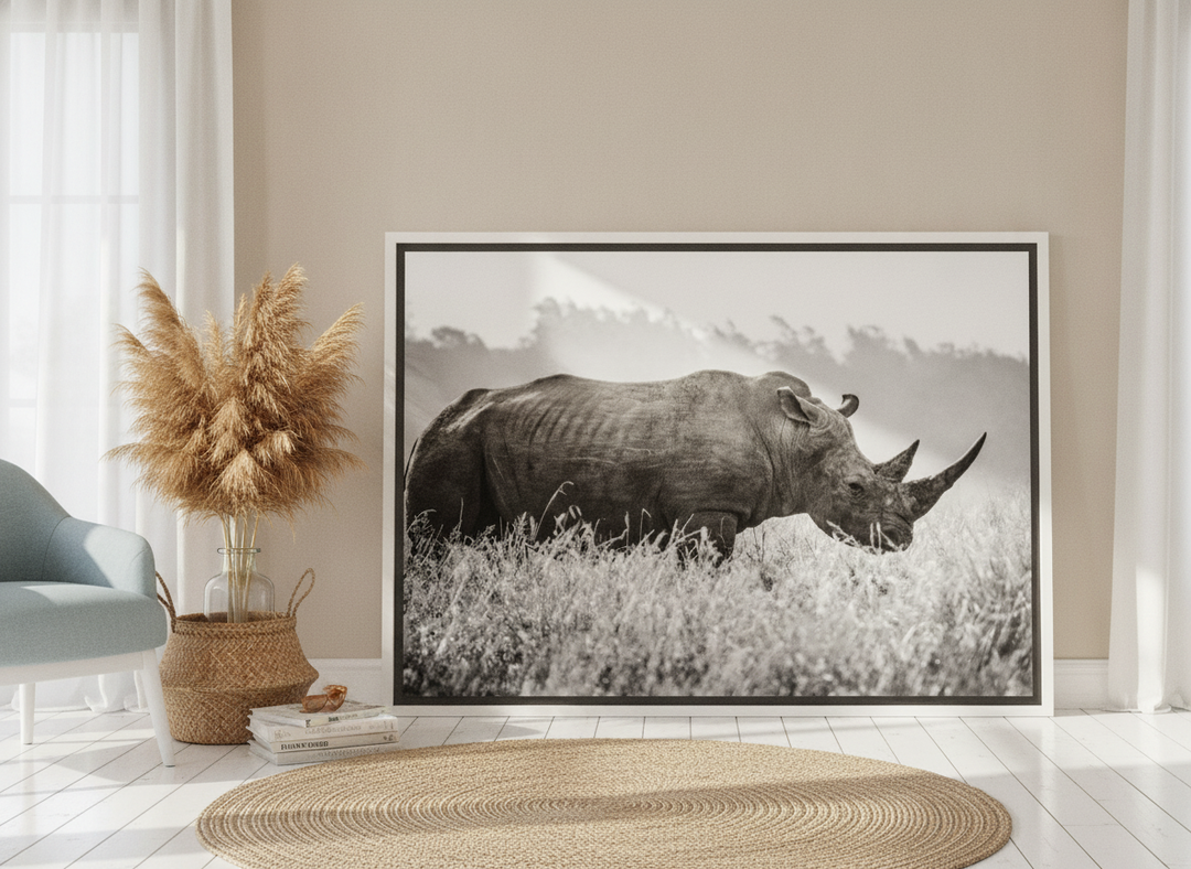 Oversized statement canvas wall art with a white surround leaning against the wall in a coastal living room