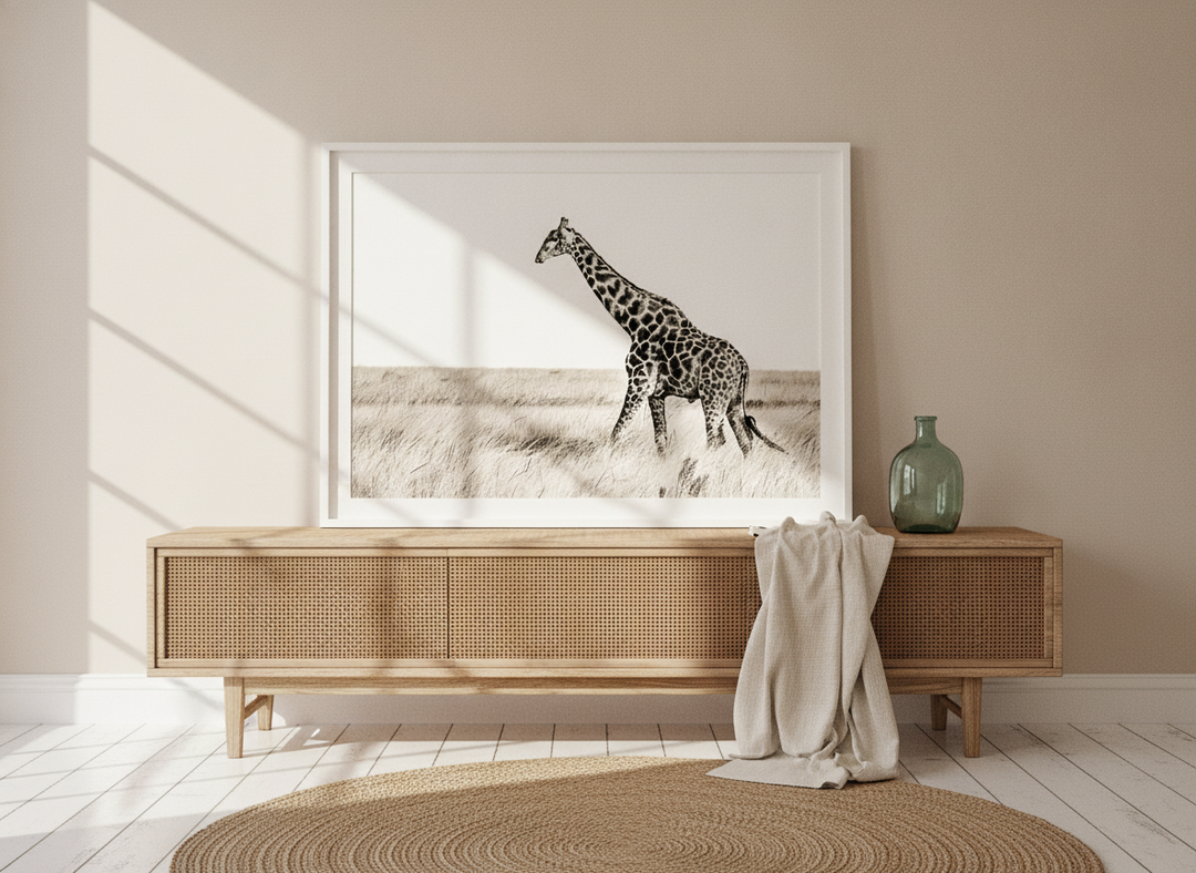 Modern wall art print standing on a sideboard in a coastal bedroom