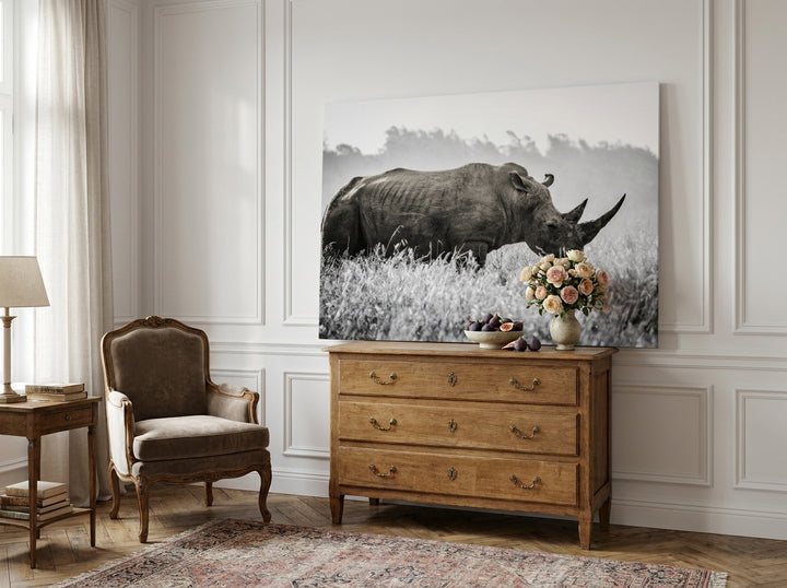Stretched canvas wall art standing on a sideboard in a Parisian living room