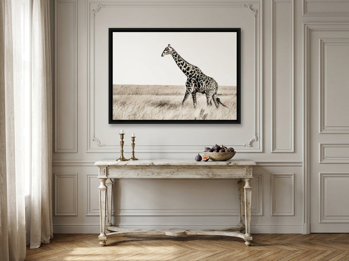 Canvas wall art with a black surround styled on the wall in a Parisian living room