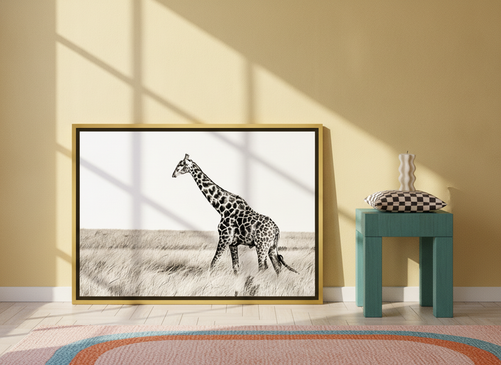 Canvas wall art with a gold leaf surround leaning against the wall in a colourful eclectic bedroom
