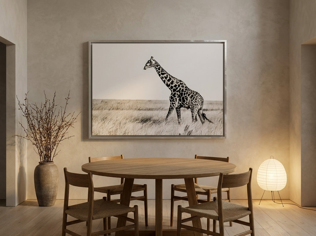 Oversized statement canvas wall art with a silver leaf surround styled on the wall in a warm Japandi dining room