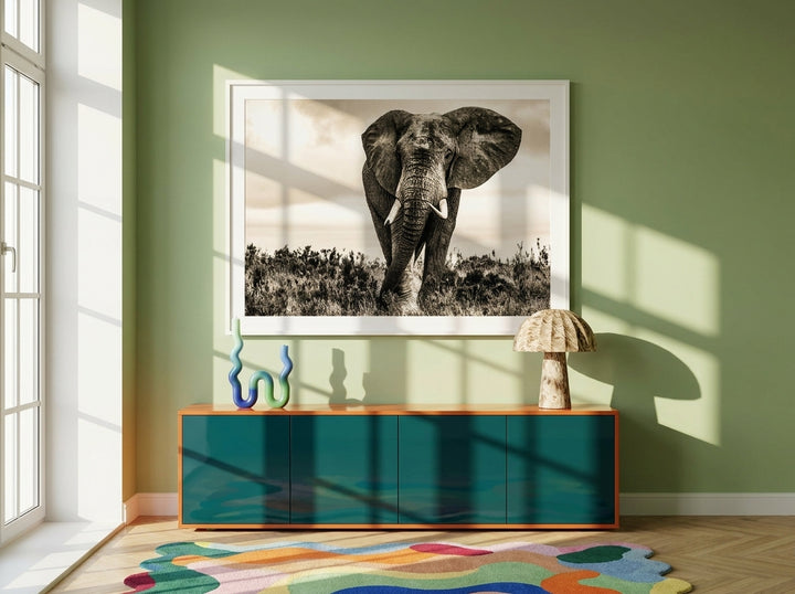 Modern wall art print styled on the wall in a colourful eclectic living room