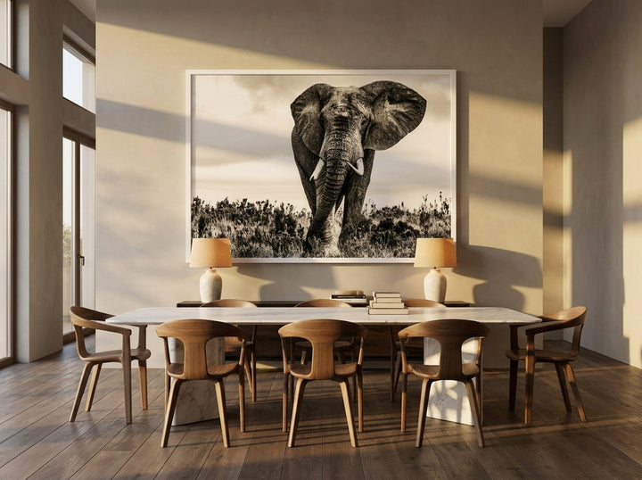 Oversized statement modern wall art print styled on the wall in a luxe dining room