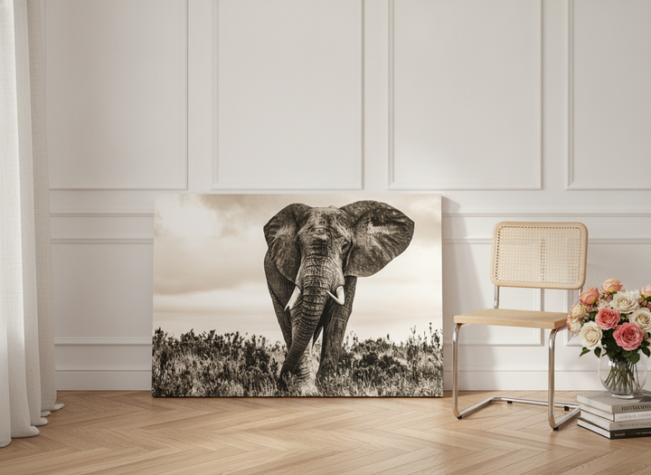 Stretched canvas wall art leaning against the wall in a Parisian home office