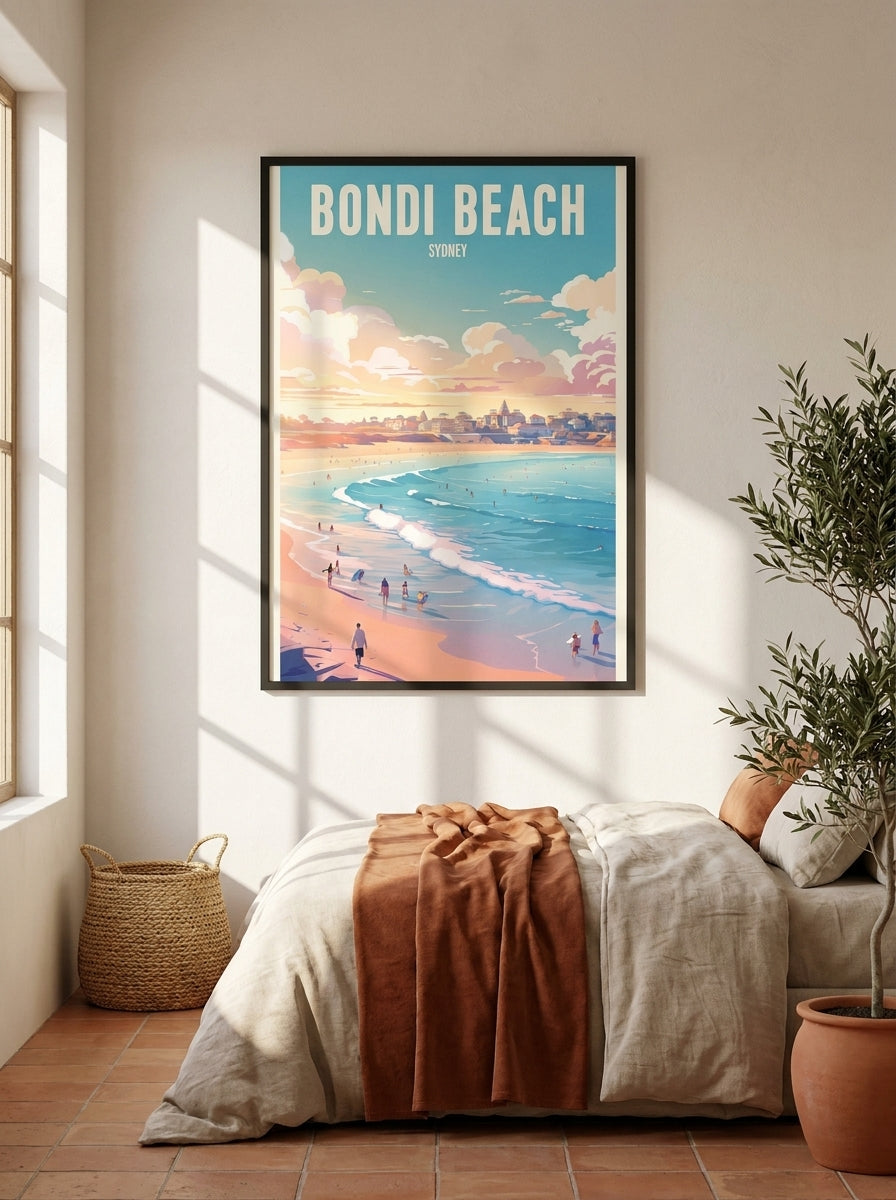 Modern wall art print styled on the wall in a Mediterranean bedroom