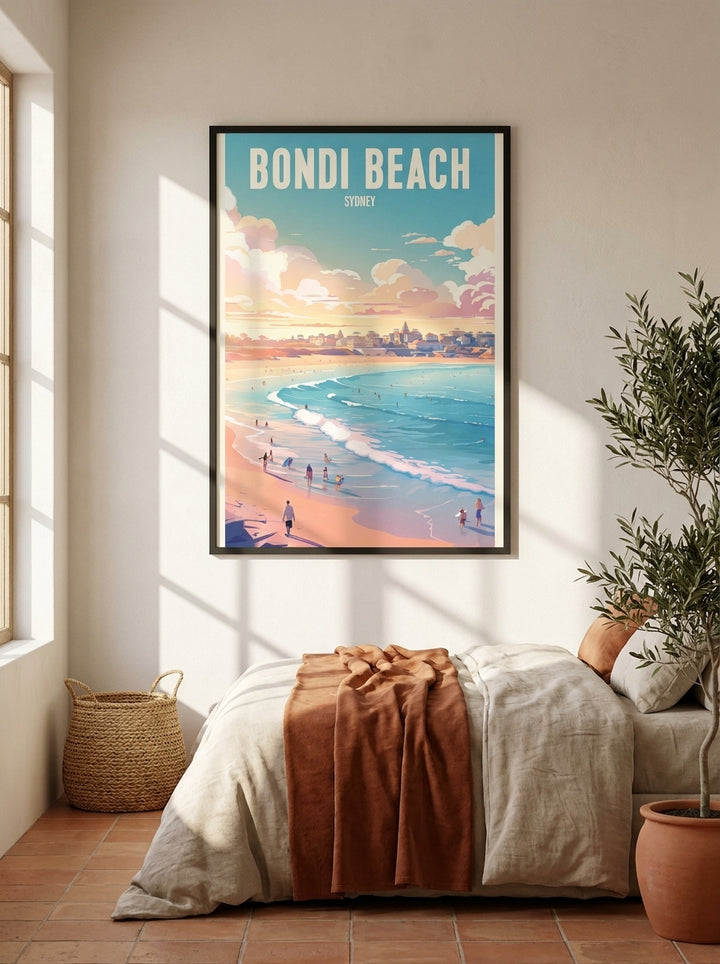 Modern wall art print styled on the wall in a Mediterranean bedroom