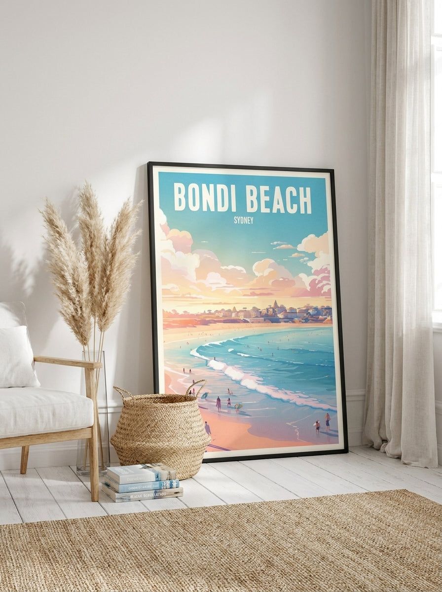Oversized statement canvas wall art with a black surround leaning against the wall in a coastal dining room