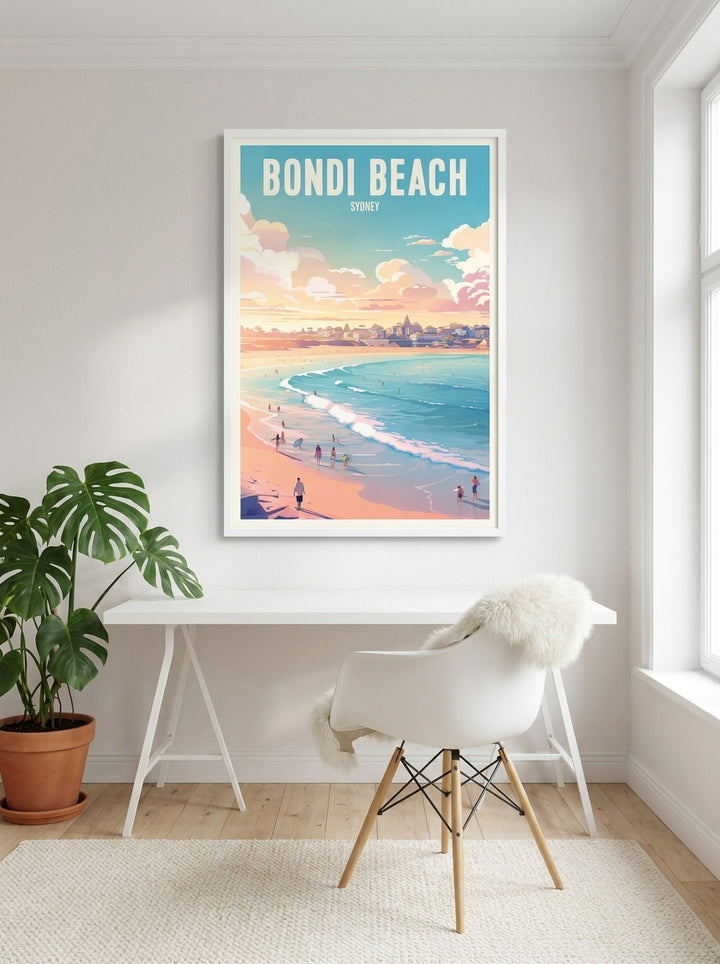 Modern wall art print styled on the wall in a bright Scandinavian home office
