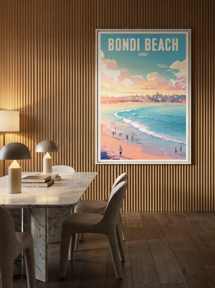 Canvas wall art with a white surround styled on the wall in a luxe dining room