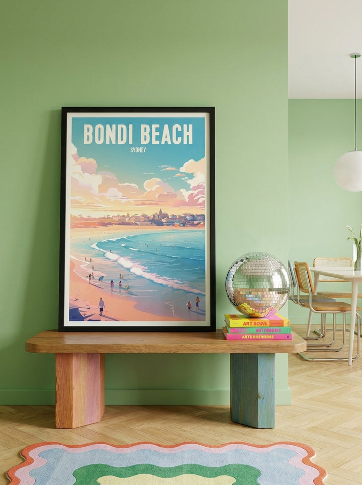 Modern wall art print standing on a side table in a colourful eclectic dining room