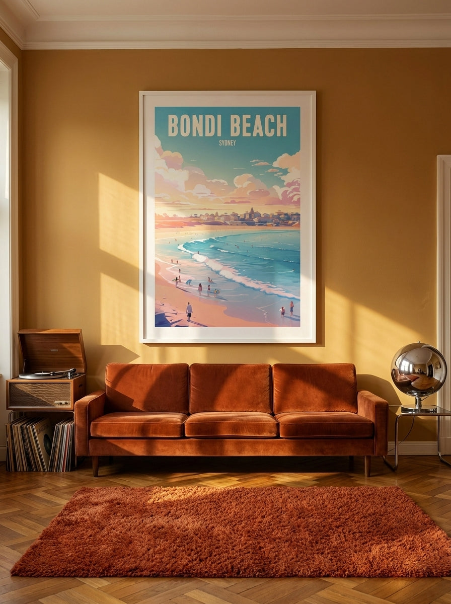 Oversized statement modern wall art print styled on the wall in a retro 70s living room