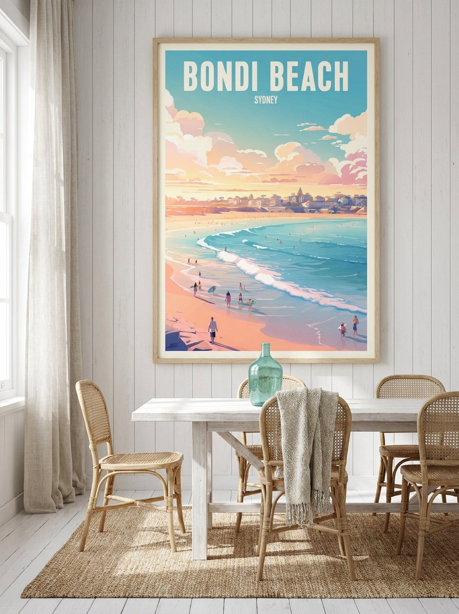 Oversized statement modern wall art print styled on the wall in a coastal dining room