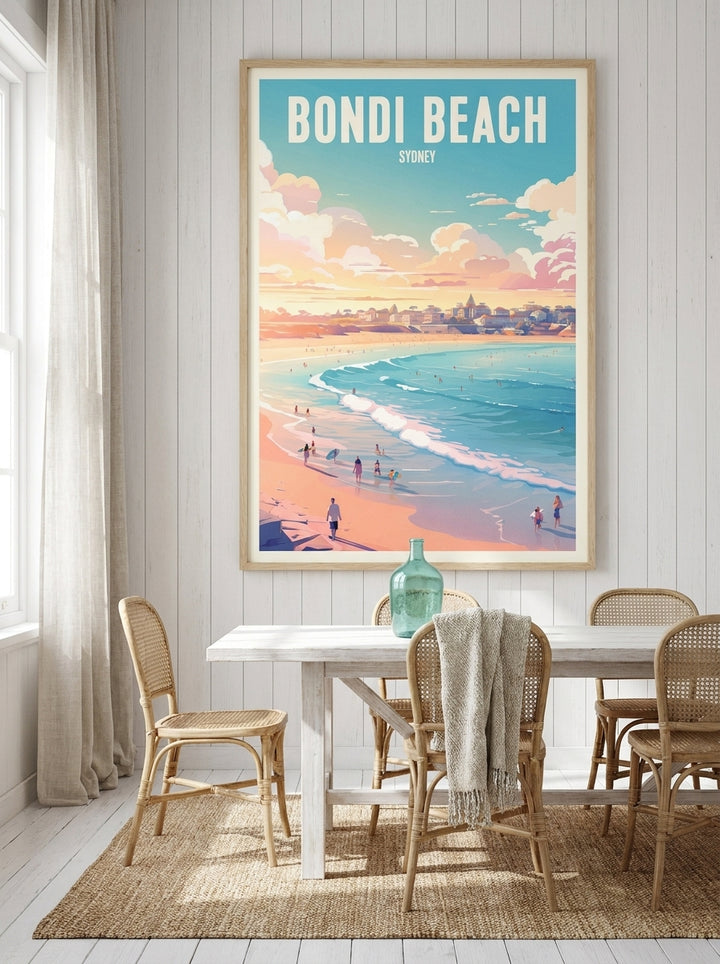 Oversized statement modern wall art print styled on the wall in a coastal dining room