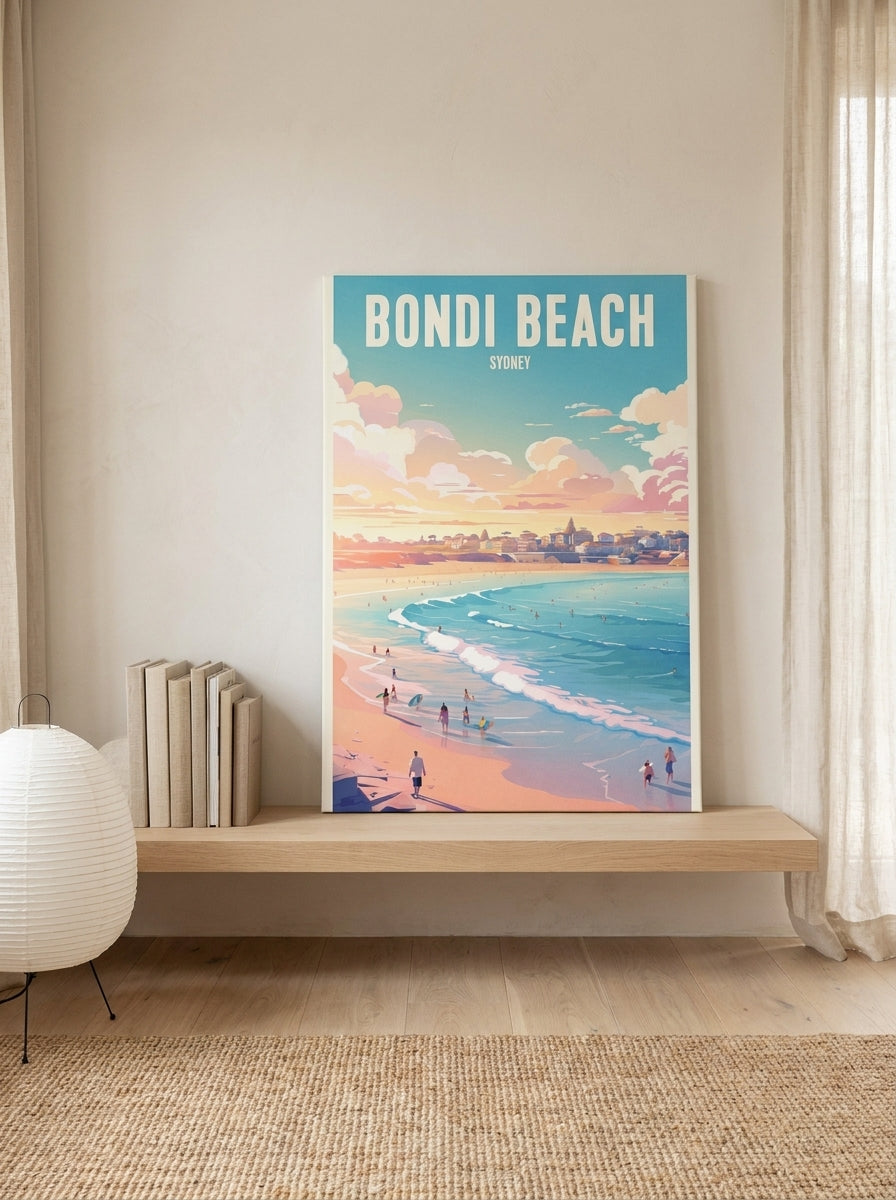 Stretched canvas wall art standing on a shelf in a warm Japandi bedroom