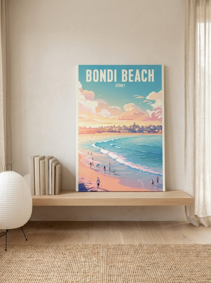 Stretched canvas wall art standing on a shelf in a warm Japandi bedroom