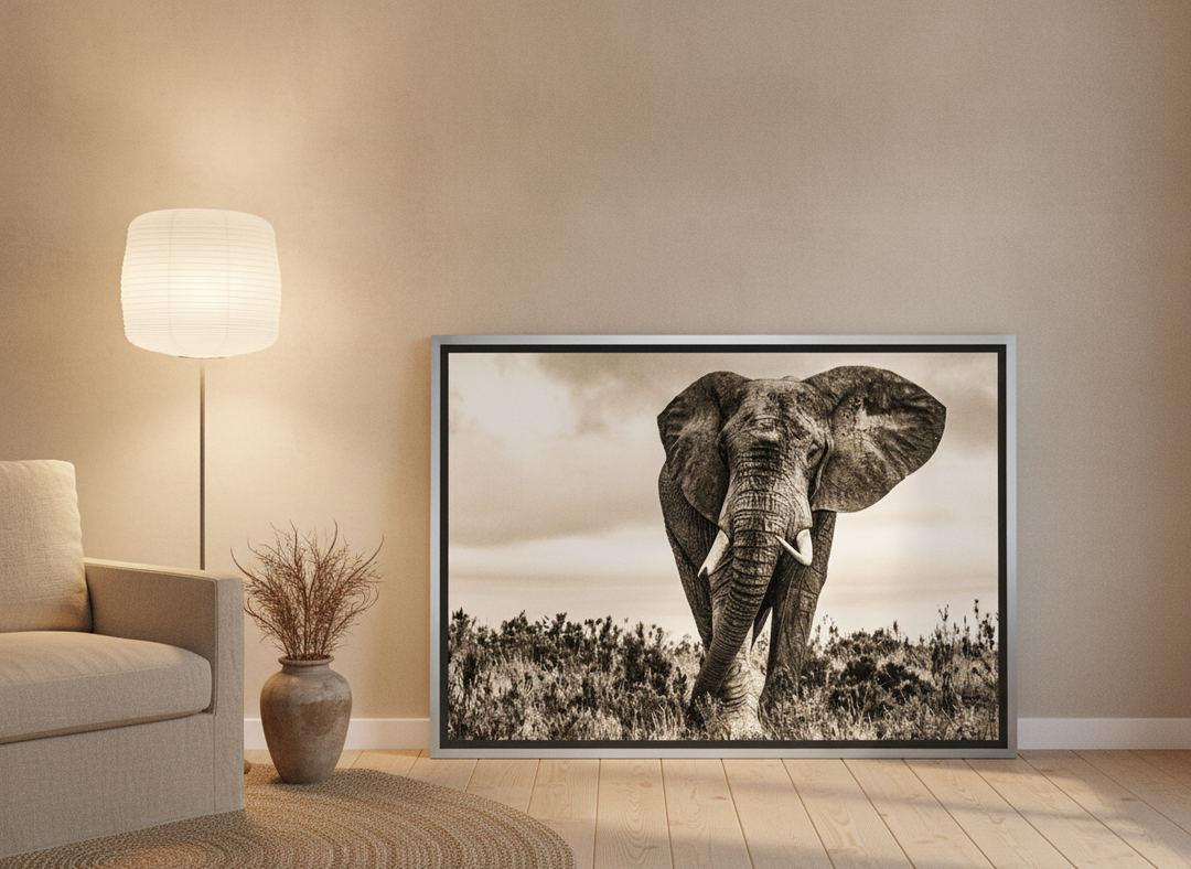 Canvas wall art with a silver leaf surround leaning against the wall in a warm Japandi home office