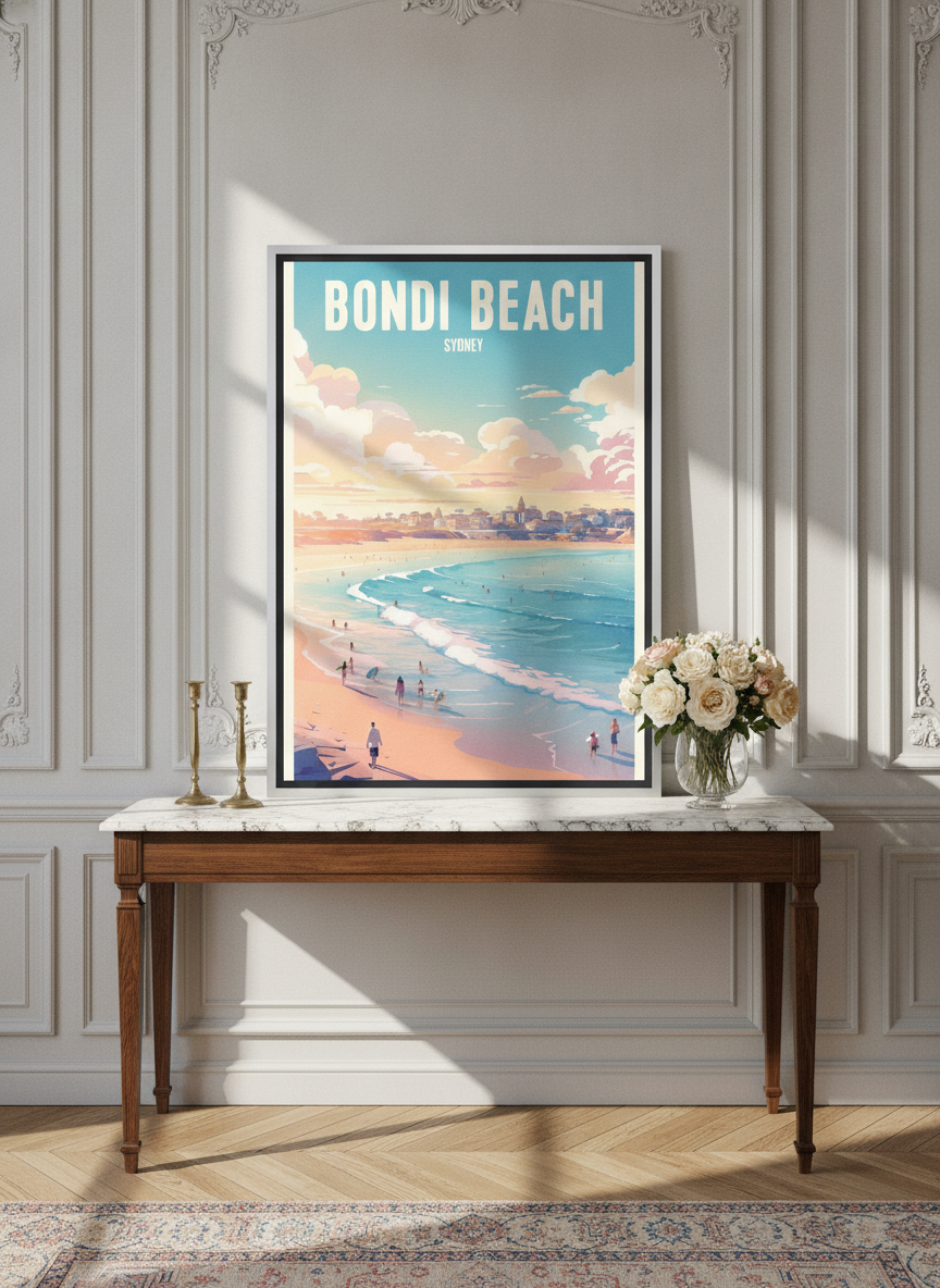 Canvas wall art with a silver leaf surround standing on a console in a Parisian bedroom