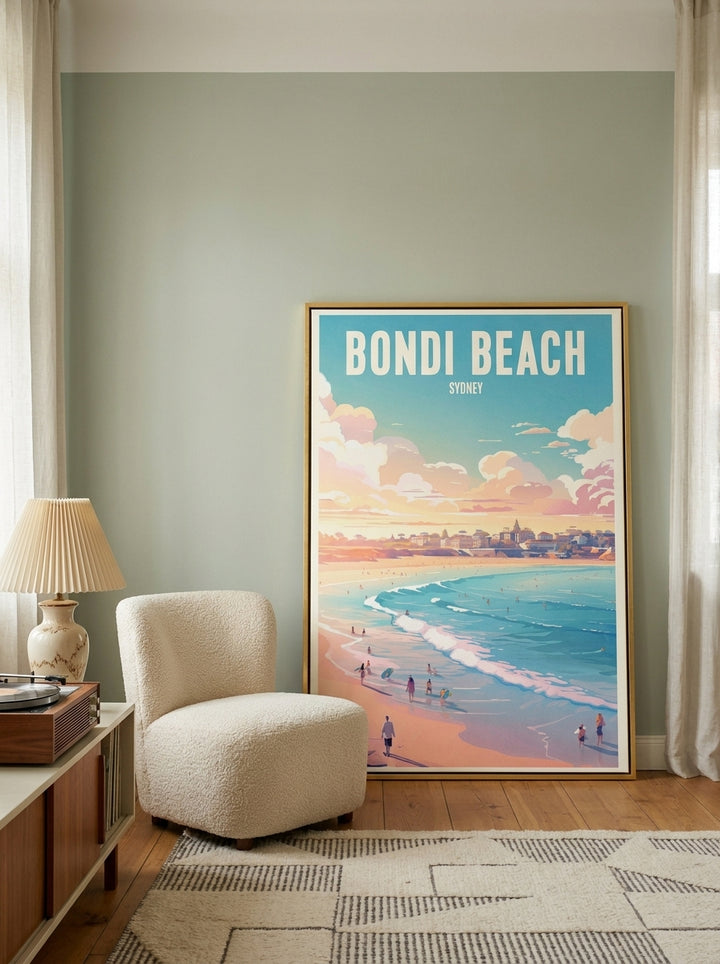 Oversized statement canvas wall art with a gold leaf surround leaning against the wall in a mid-century living room