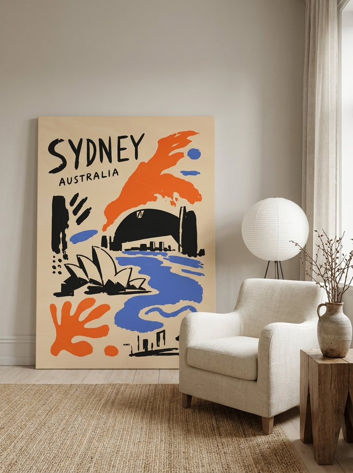 Stretched canvas wall art leaning against the wall in a warm Japandi home office