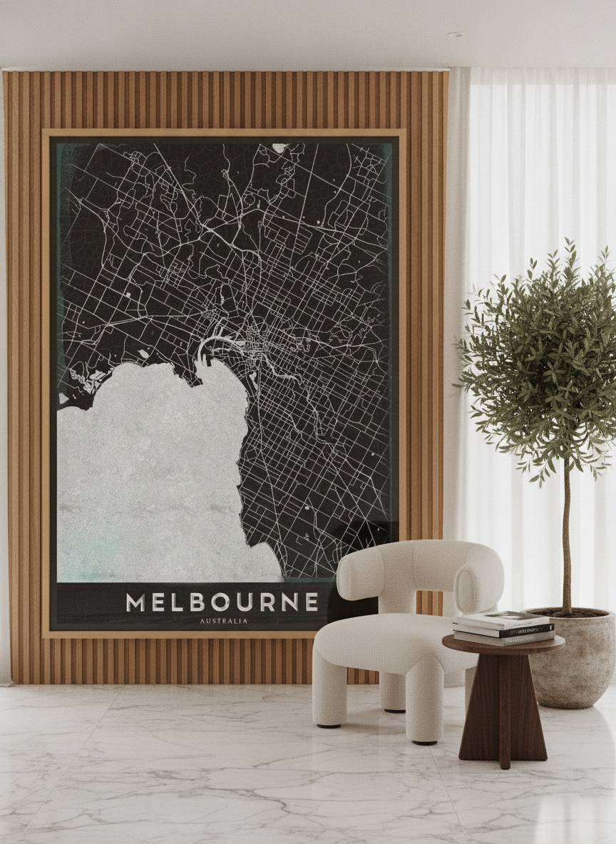 Oversized statement canvas wall art with a natural timber surround leaning against the wall in a luxe dining room