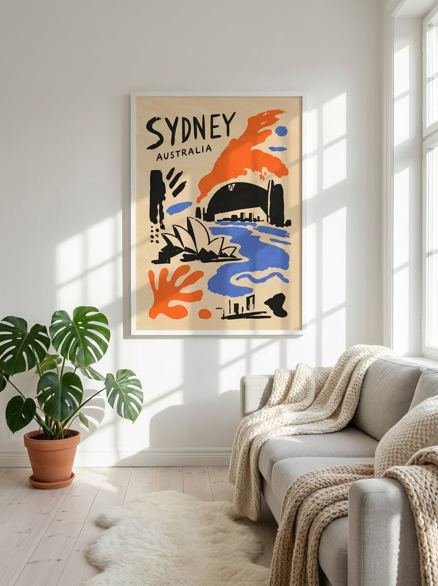 Modern wall art print styled on the wall in a bright Scandinavian living room