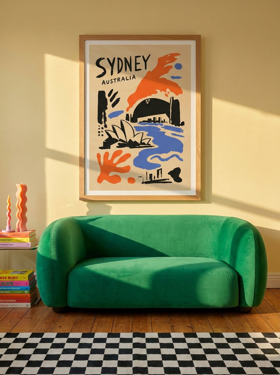 Modern wall art print styled on the wall in a colourful eclectic living room
