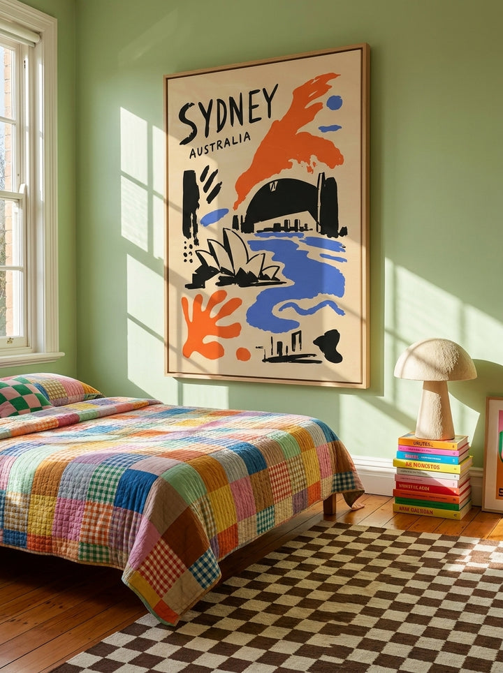 Oversized statement canvas wall art with a natural timber surround styled on the wall in a colourful eclectic bedroom