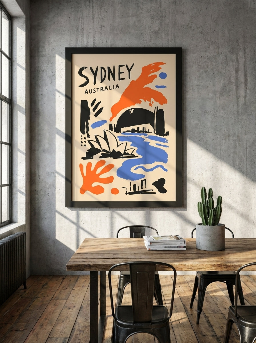 Oversized statement modern wall art print styled on the wall in an industrial loft dining room
