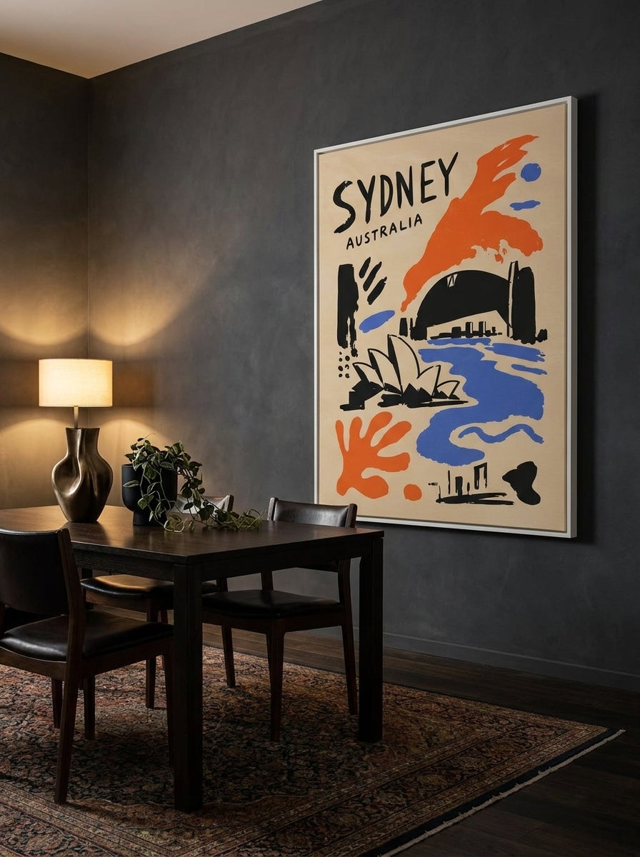 Oversized statement canvas wall art with a white surround styled on the wall in a moody dining room