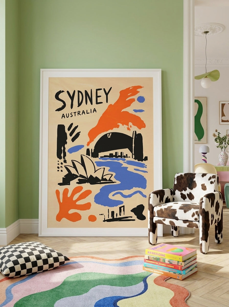 Oversized statement modern wall art print leaning against the wall in a colourful eclectic living room