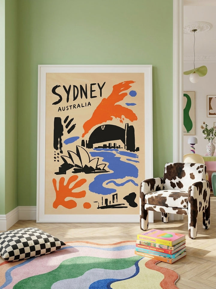 Oversized statement modern wall art print leaning against the wall in a colourful eclectic living room