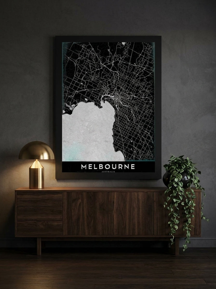 Oversized statement modern wall art print styled on the wall in a moody living room