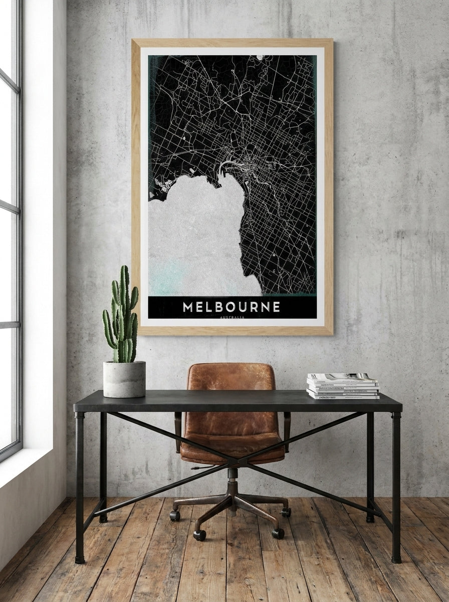 Modern wall art print styled on the wall in an industrial loft home office