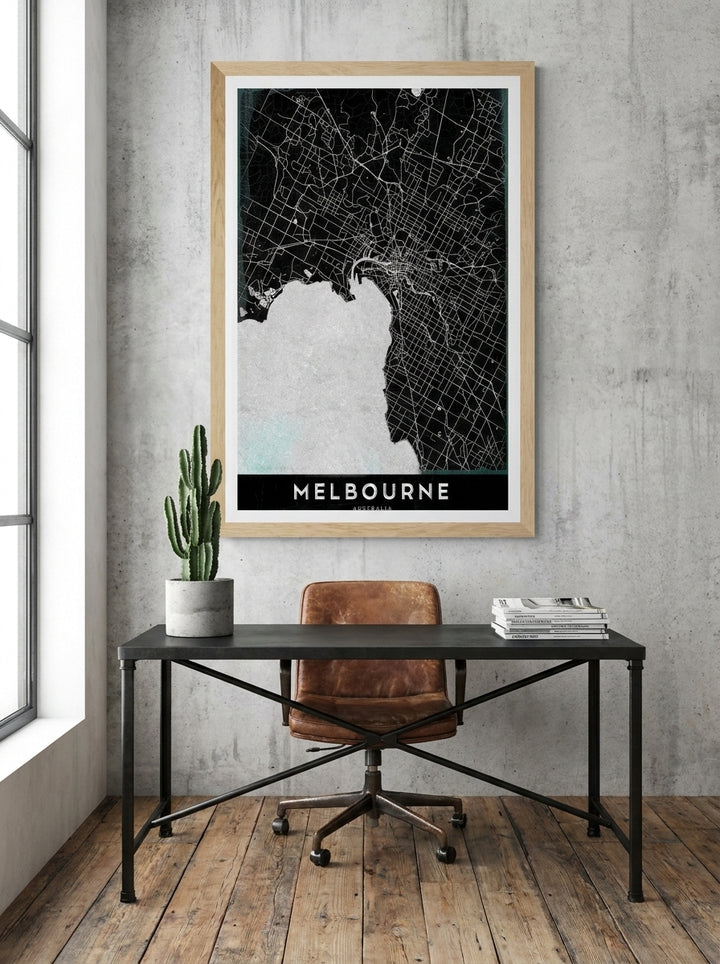 Modern wall art print styled on the wall in an industrial loft home office