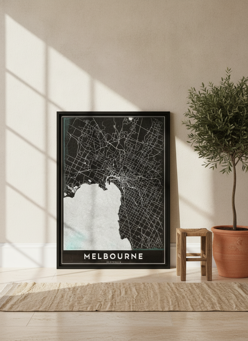 Canvas wall art with a black surround leaning against the wall in a Mediterranean home office